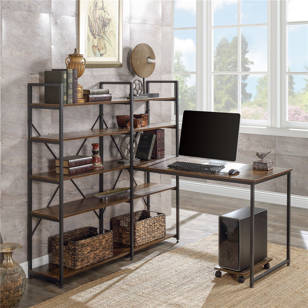 Black 54" Large Computer Desk with 5-tier Bookcase Brown