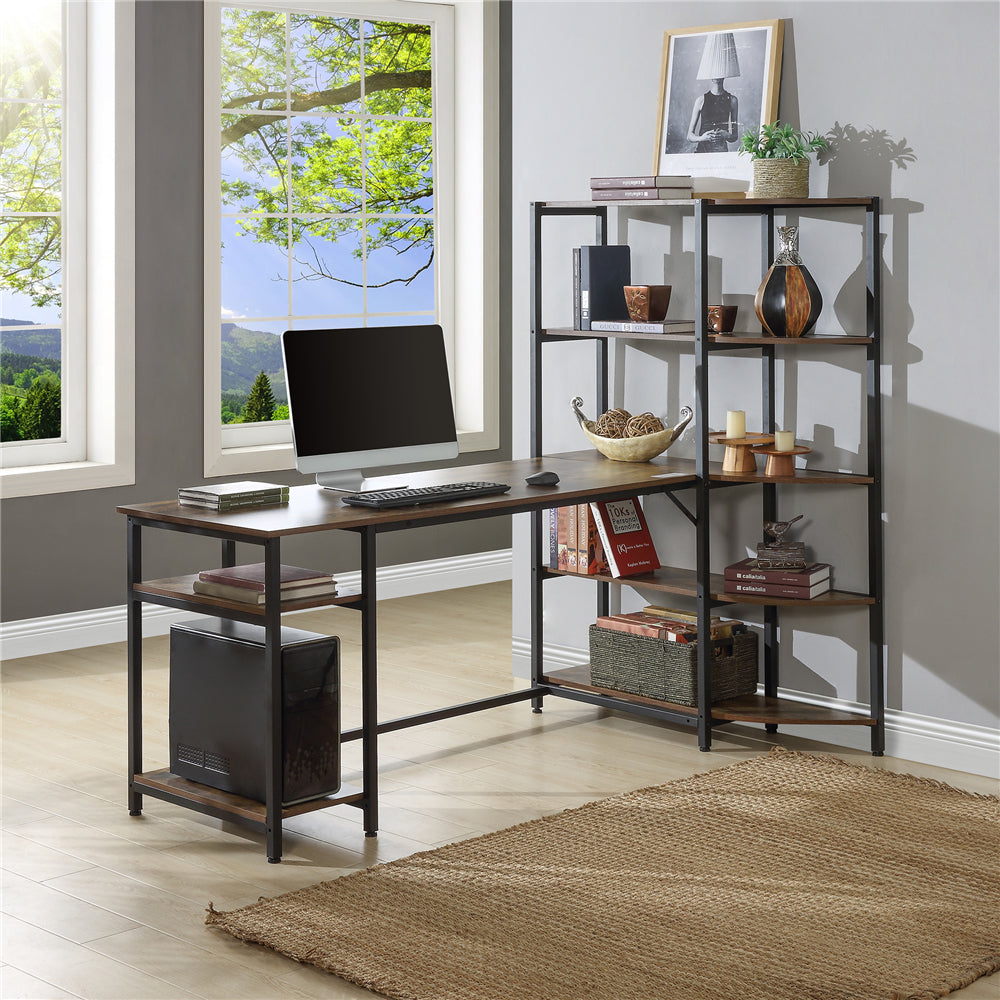Large Study Writing Table Computer Desk with 5 Tier Storage Shelves Brown YL000001