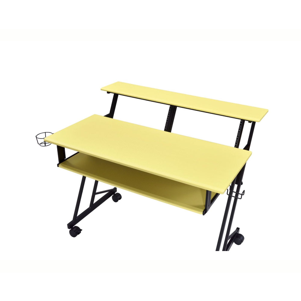 Music Recording Studio Desk w/Wooden Top/Shelf/Keyboard Tray/Wheels Yellow & Black BH92904