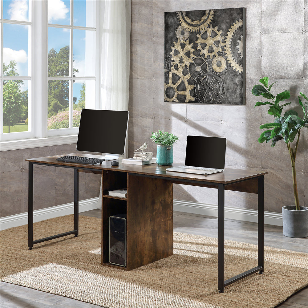Dark Slate Gray Home Office 2-Person Desk, Large Double Workstation Desk with Storage