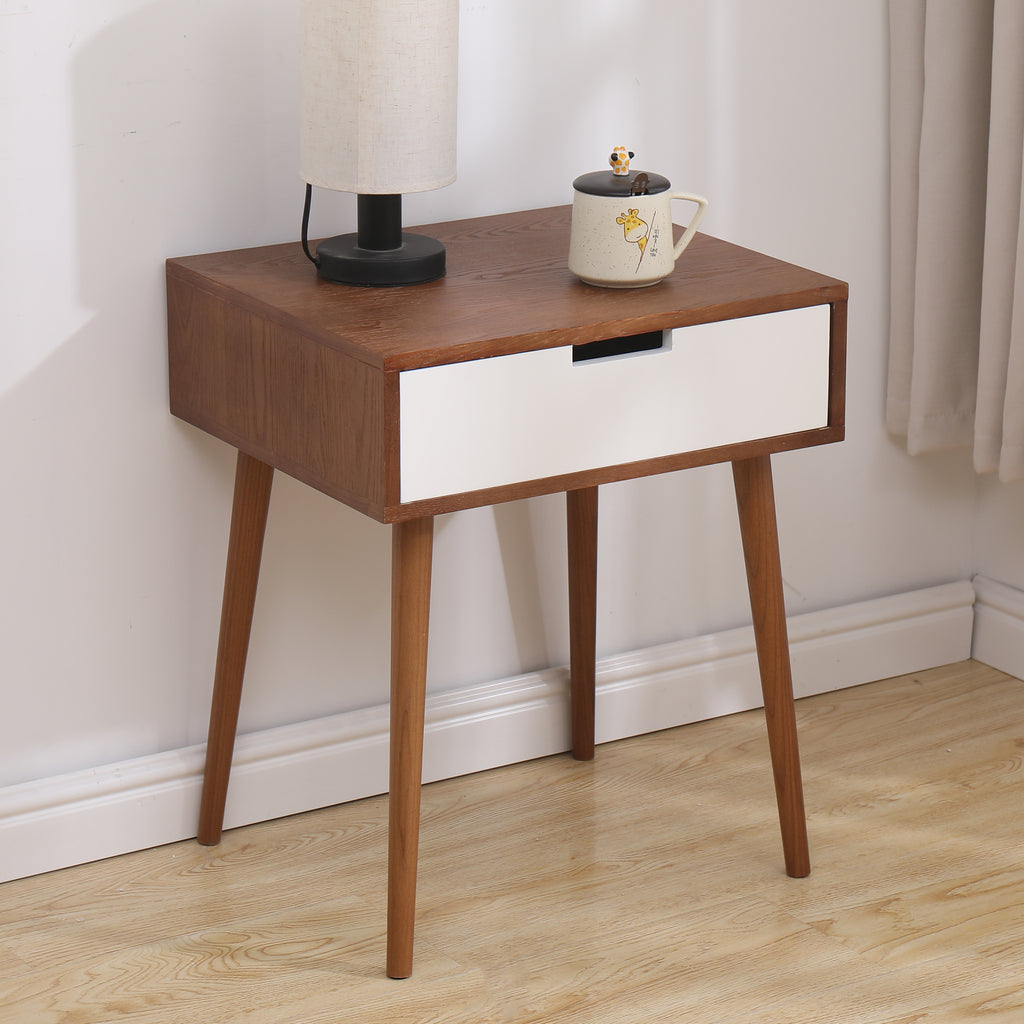 Dark Olive Green Side End Table Nightstand with Drawer-Light Fraxinus Mandshurica/White