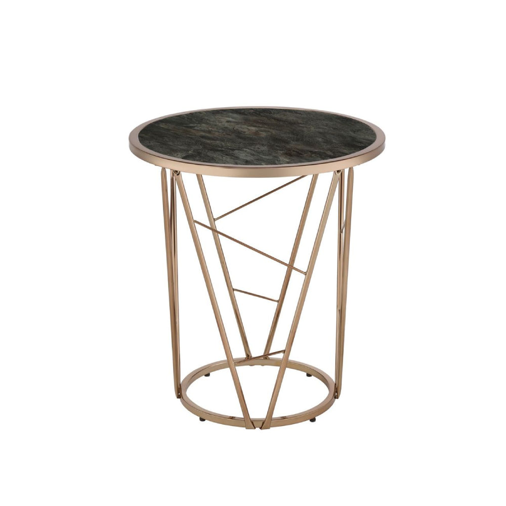 Round End Table With Metal Cone Base Faux Black Marble Glass & Champagne Finish BH83302