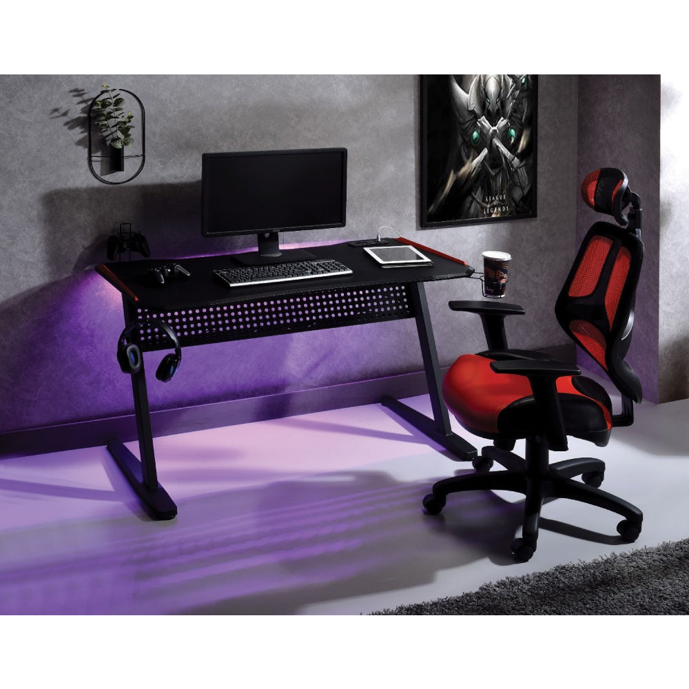 Dragi Gaming Table w/Built-in USB Port and Plu + LED Light Black & Red Finish BH93125
