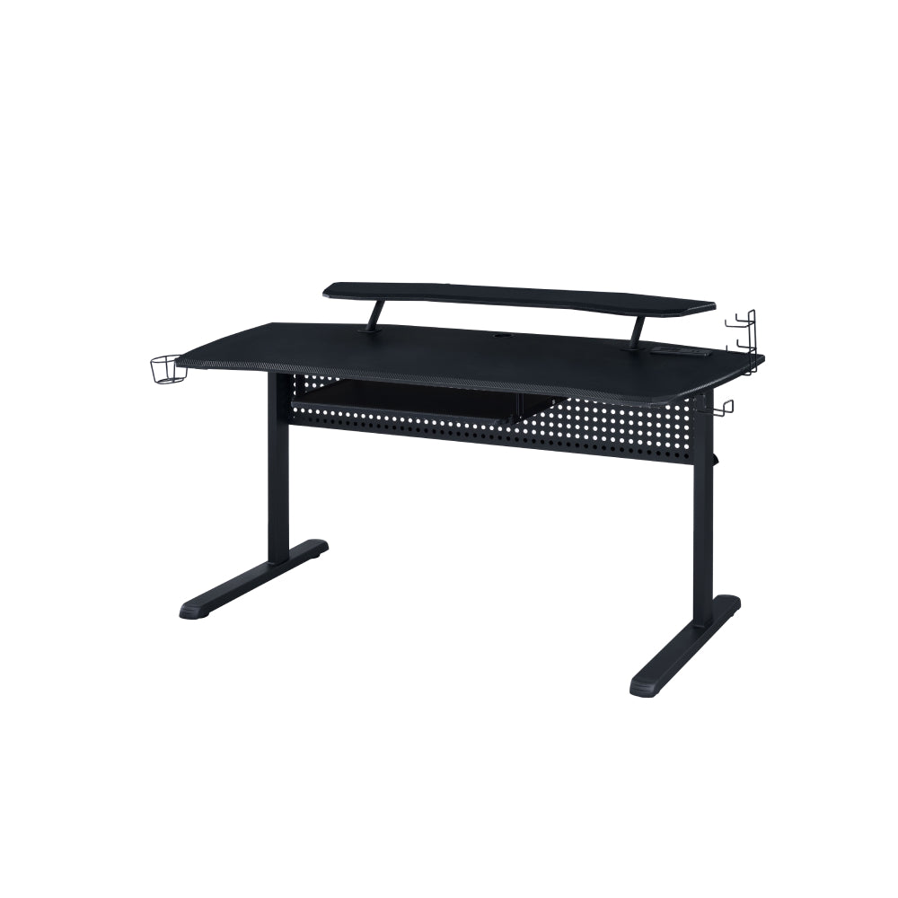 Vildre Gaming Table w/Built-in USB Port and Plug + LED Light + Keyboard Tray Black Finish