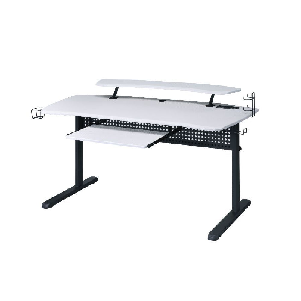Vildre Gaming Table w/Built-in USB Port and Plug + LED Light + Keyboard Tray Black & White Finish