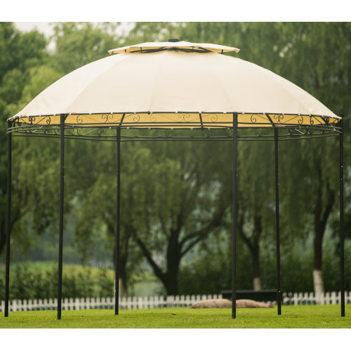 Dark Olive Green Outdoor Gazebo Steel Fabric Round Soft Top Gazebo, Outdoor Patio Dome Gazebo with Removable Curtains