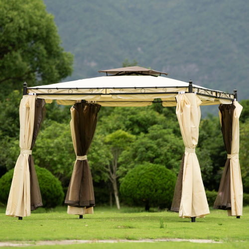 Olive Drab Outdoor Patio Gazebo with Mosquito nets and Polyester Curtains, Double Roofs for Decks, Poolsides, Gardens,9.3ft.Wx8.5ft, Beige