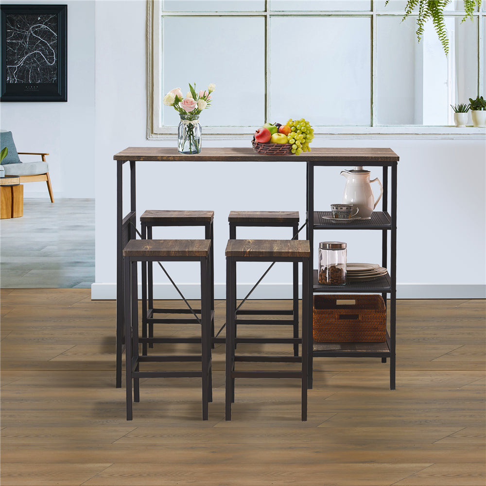 5 Counts - Counter Height Set Dining Table with 4 Backless Bar Stools for Home Black