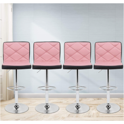 Light Pink Faux Leather Bar Stools Adjustable 360 Degree Swivel Backrest Footrest Barstool Set of 4