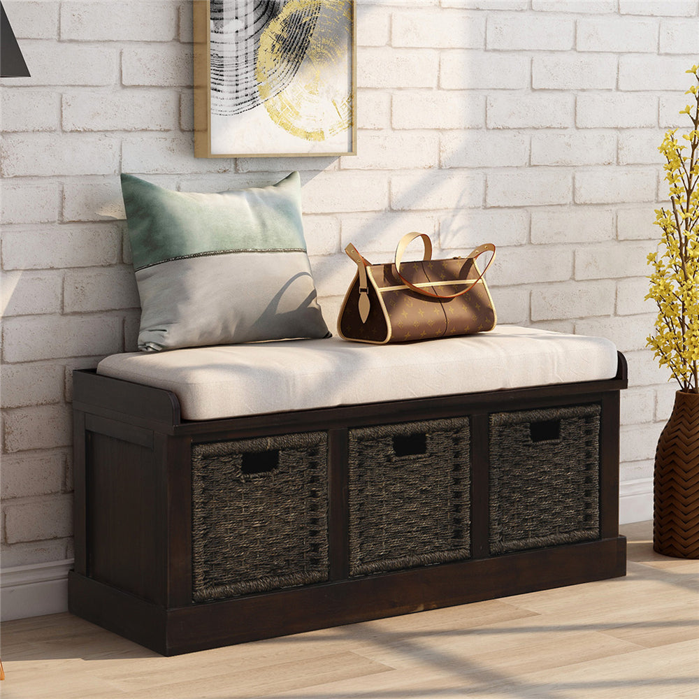 Dark Slate Gray Rustic Storage Bench with 3 Removable Classic Fabric Basket + Removable Cushion