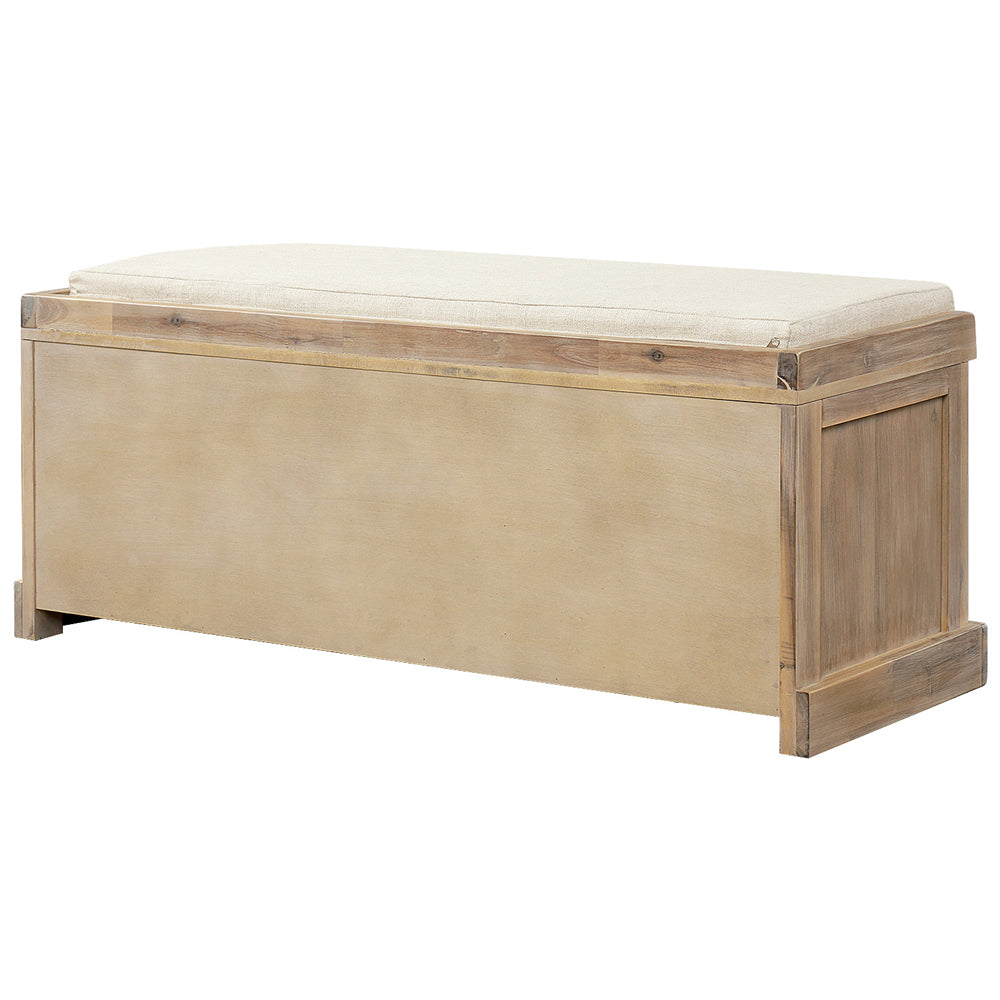 Tan Rustic Storage Bench with 3 Removable Classic Fabric Basket + Removable Cushion