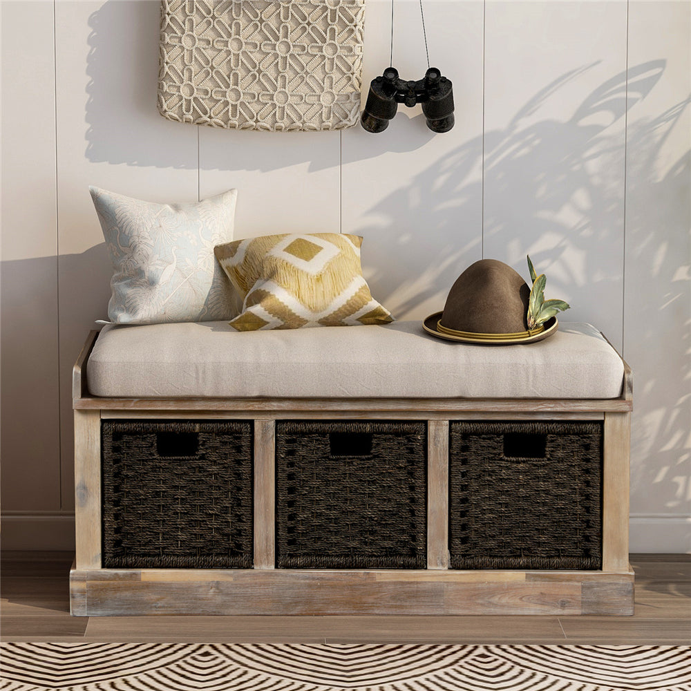 Rustic Storage Bench with 3 Removable Classic Fabric Basket + Removable Cushion White Washed