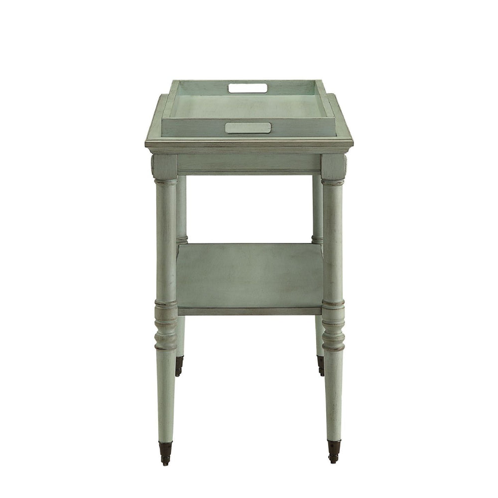 Removable Tray Table With 1 Open Compartment & Metal Caster Wheels Antique Green