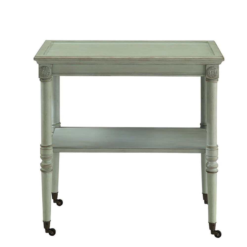 Removable Tray Table With 1 Open Compartment & Metal Caster Wheels Antique Green