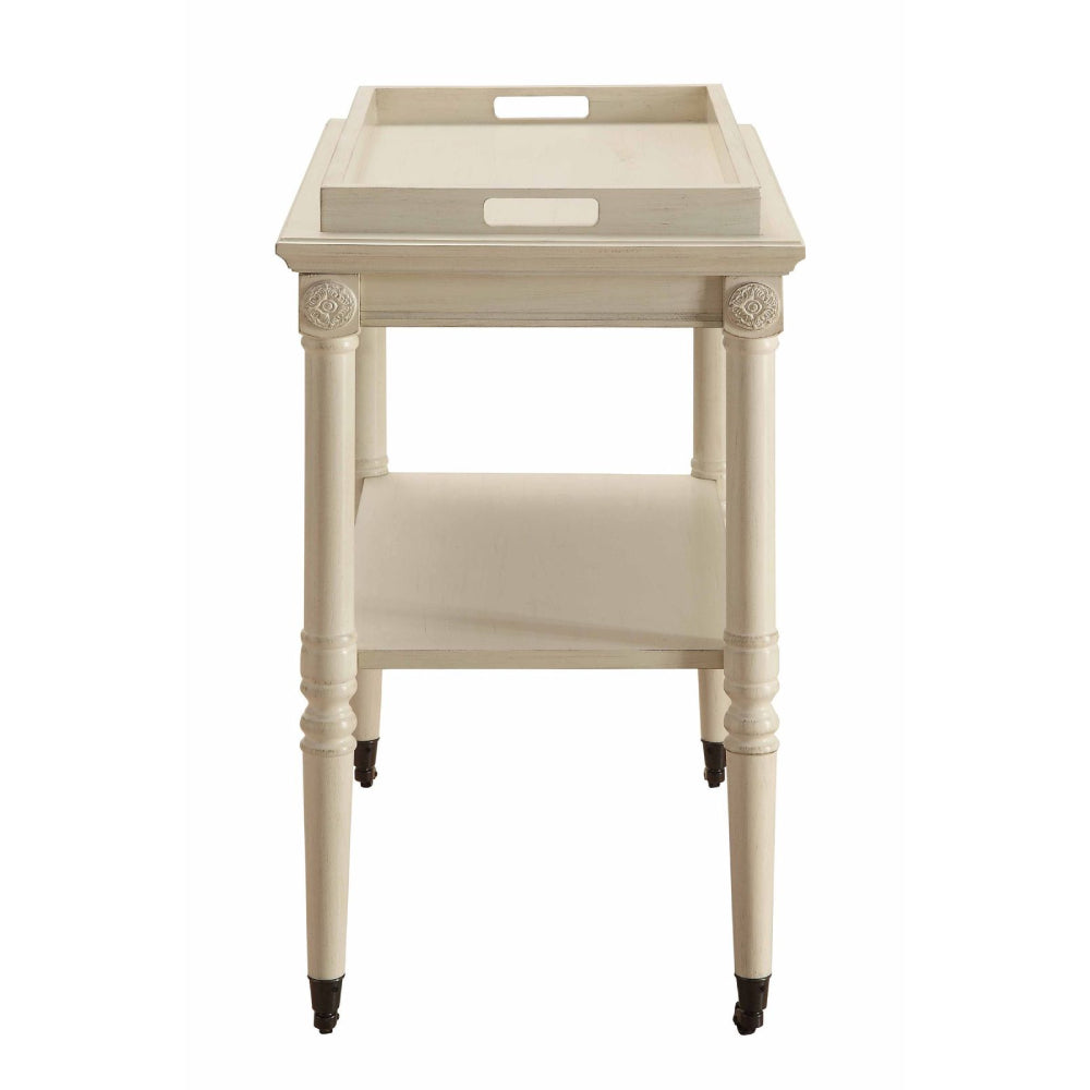 Removable Tray Table With 1 Open Compartment & Metal Caster Wheels Antique White