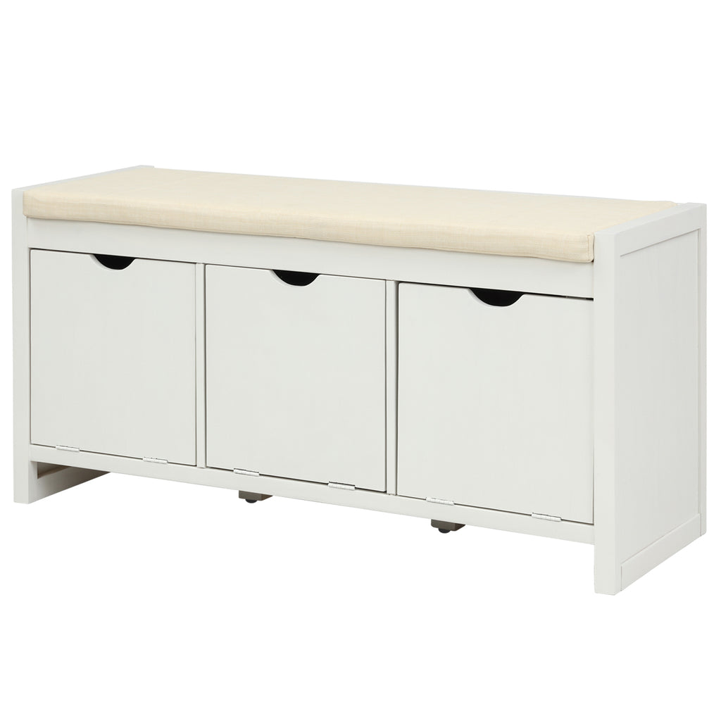 Beige Storage Bench with Removable Cushion and 3 Flip Lock Storage Cubbies for Living Room  Entryway