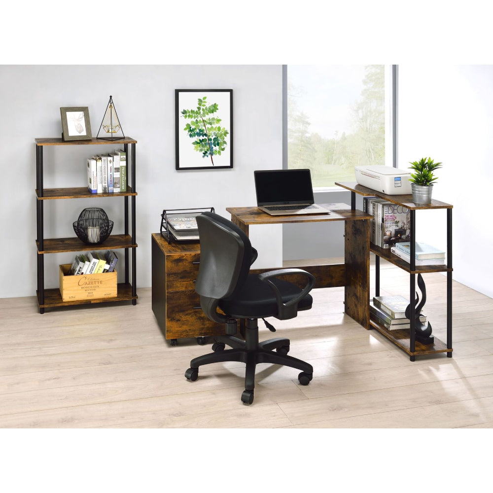 L-Shape Writing Desk w/3-Tier Side Shelf Weathered Oak & Black
