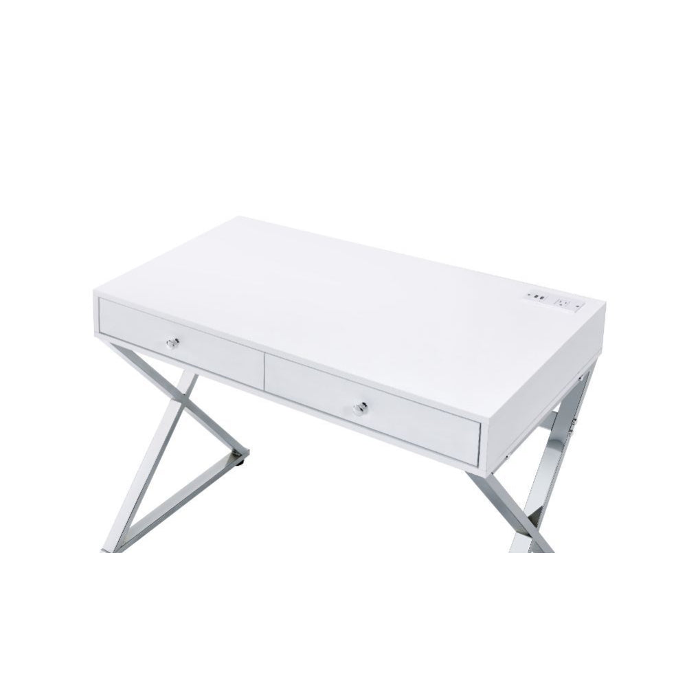 Built-in USB Port Writing Desk With 2 Storage Drawers White & Chrome