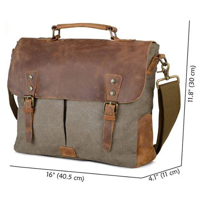 Dim Gray 14" Leather Canvas Laptop Satchel Briefcase/Messenger Bag for Men