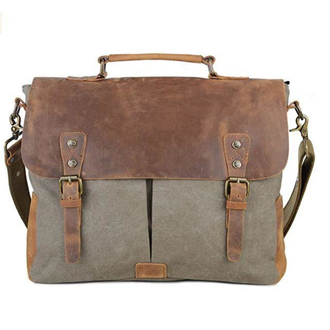 Dim Gray 14" Leather Canvas Laptop Satchel Briefcase/Messenger Bag for Men