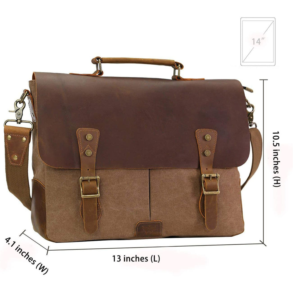 Dark Olive Green 14" Leather Canvas Laptop Satchel Briefcase/Messenger Bag for Men