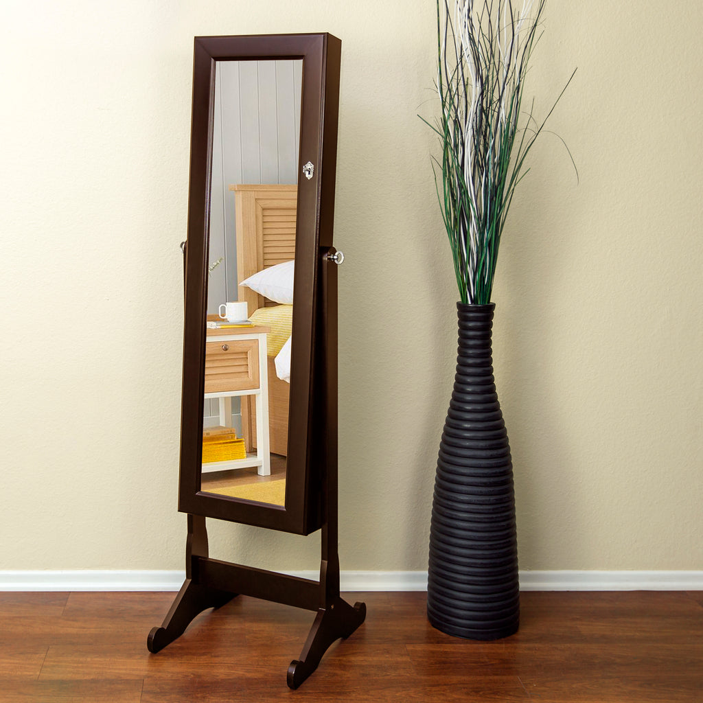 Rosy Brown Modern Large Standing Floor Mirror with Jewelry Storage Cabinet 3 Color
