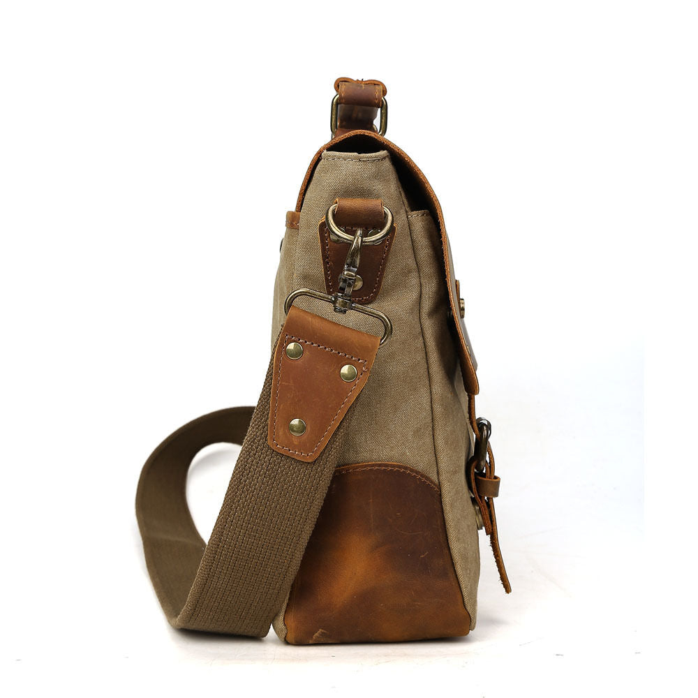 Saddle Brown 14" Leather Canvas Laptop Satchel Briefcase/Messenger Bag for Men