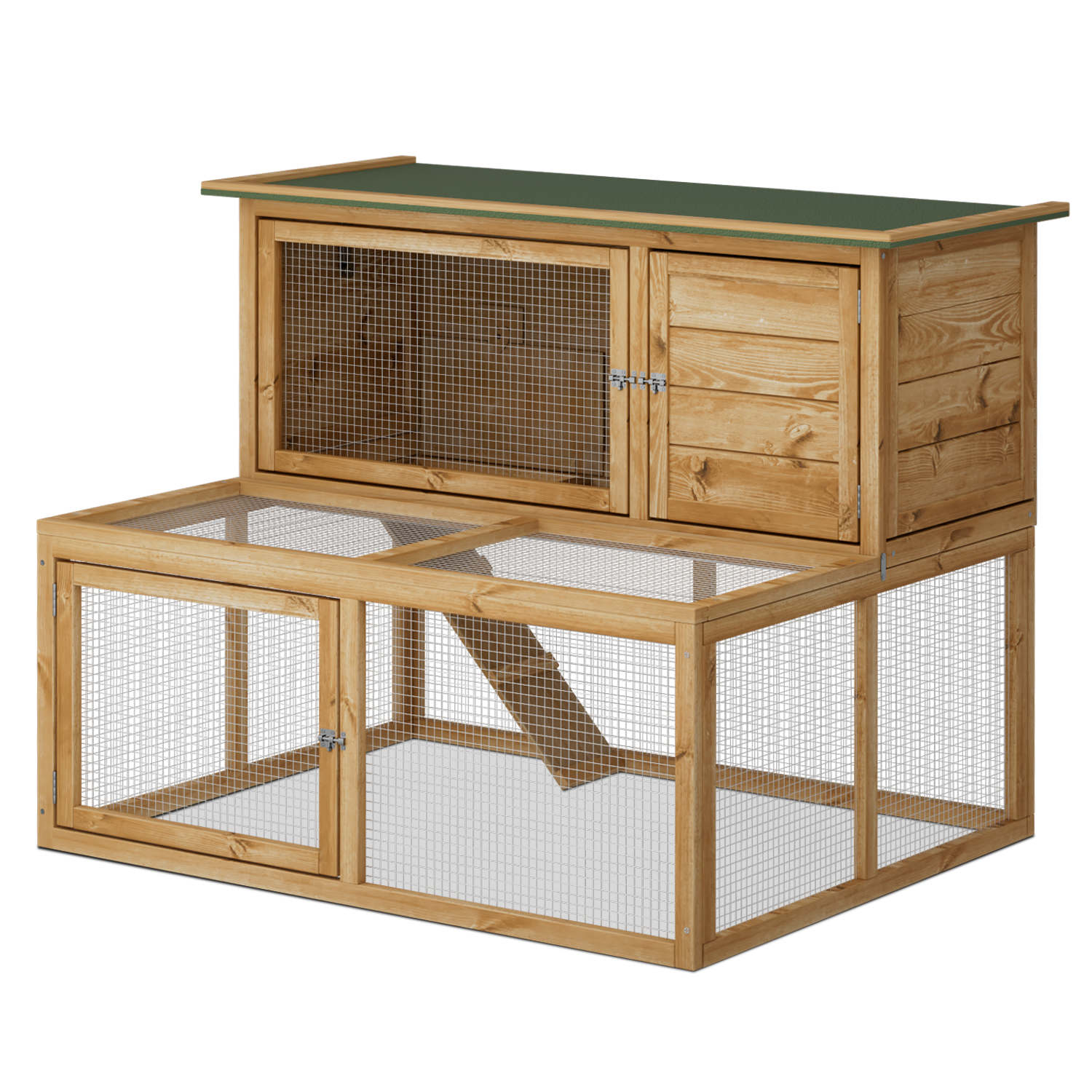 43.6" L 2 Story Wooden Rabbit Hutch Water Resistant Openable Roof, Pull Out Tray,4 Door Safety Locking, Run Ramp