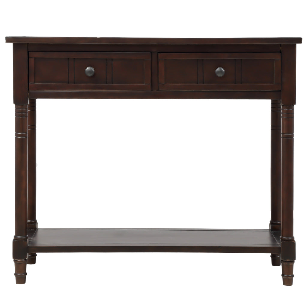 Black Console Table Traditional Design with Two Drawers and Bottom Shelf Acacia Mangium