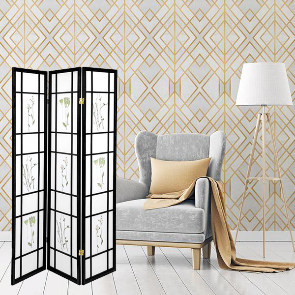 Rosy Brown Japanese Style Oriental Folding Room Divider Screen Room Separator Partition Wall Hardwood Shoji Small Flowered Black 3 Panels