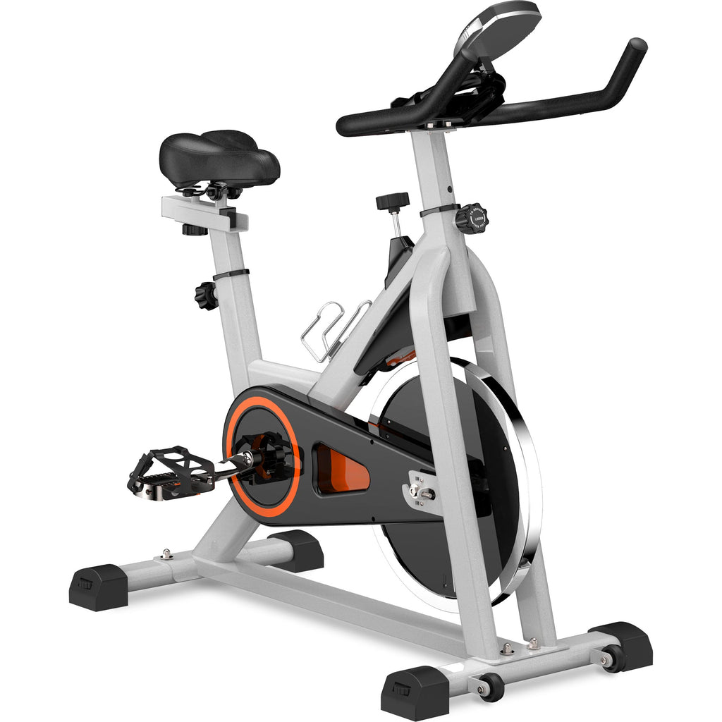 Gray Indoor Cycling Bike Stationary, Belt Driven Smooth Exercise Bike with Oversize Soft Saddle and LCD Monitor BH192377