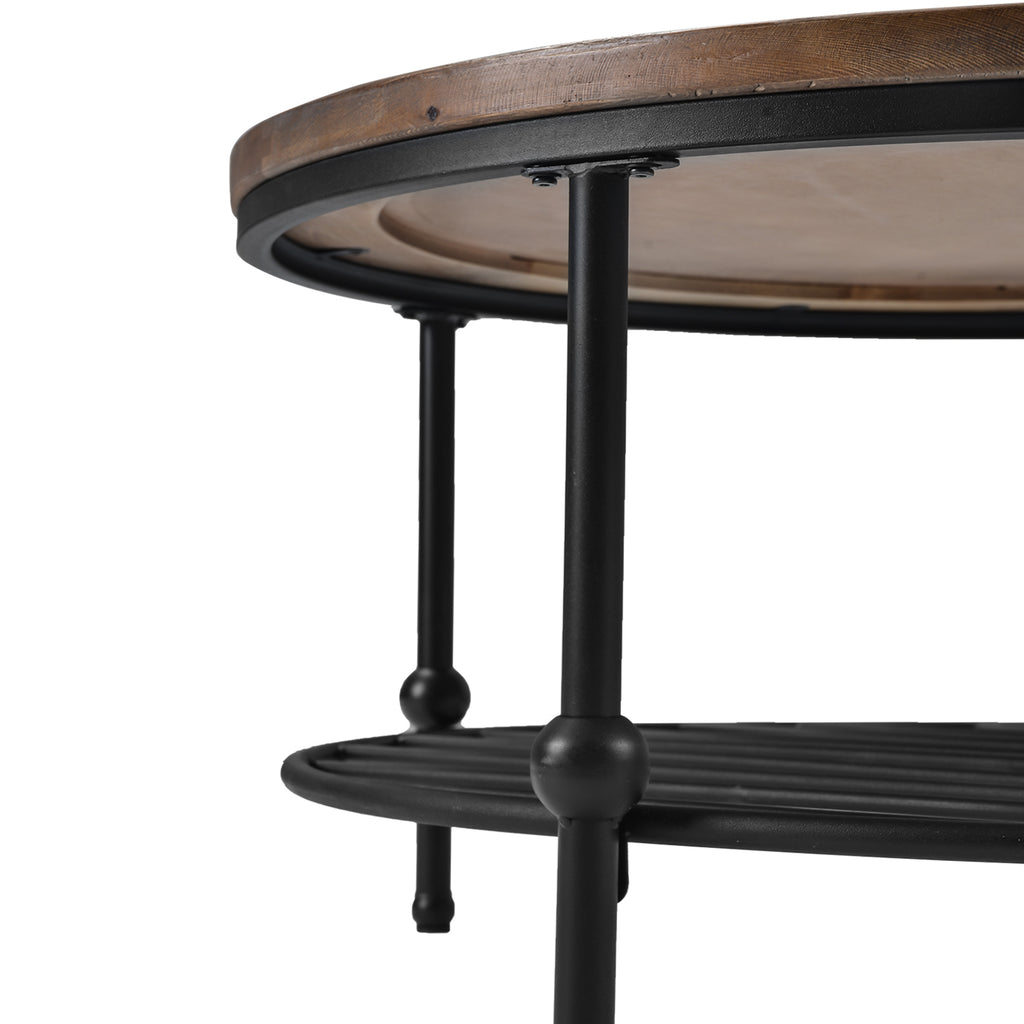 Black Round  Rustic Natural Coffee Table with Storage Shelf, Brown