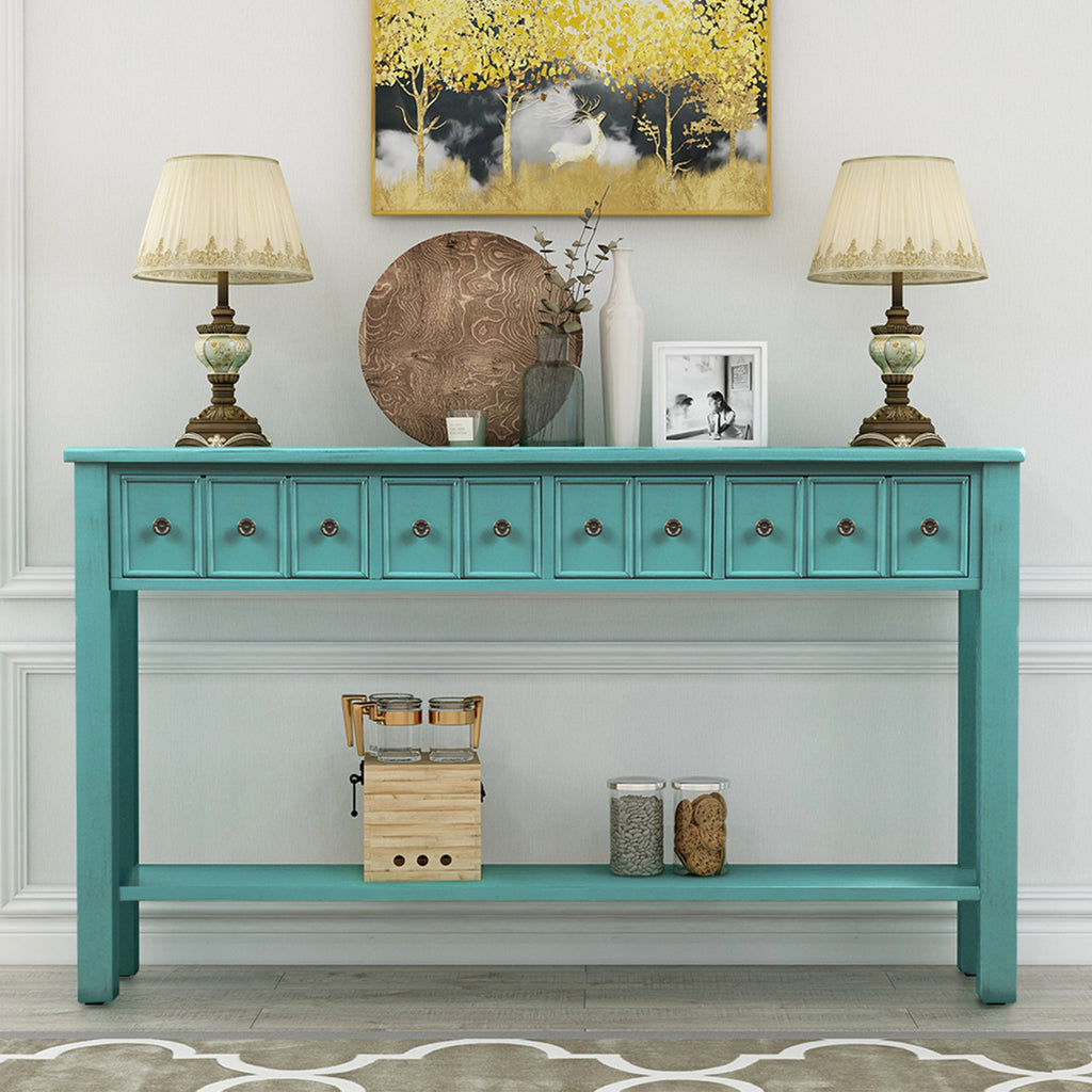 Cadet Blue 60" Entryway Console Table with Two Different Size Drawers and Bottom Shelf BH191870