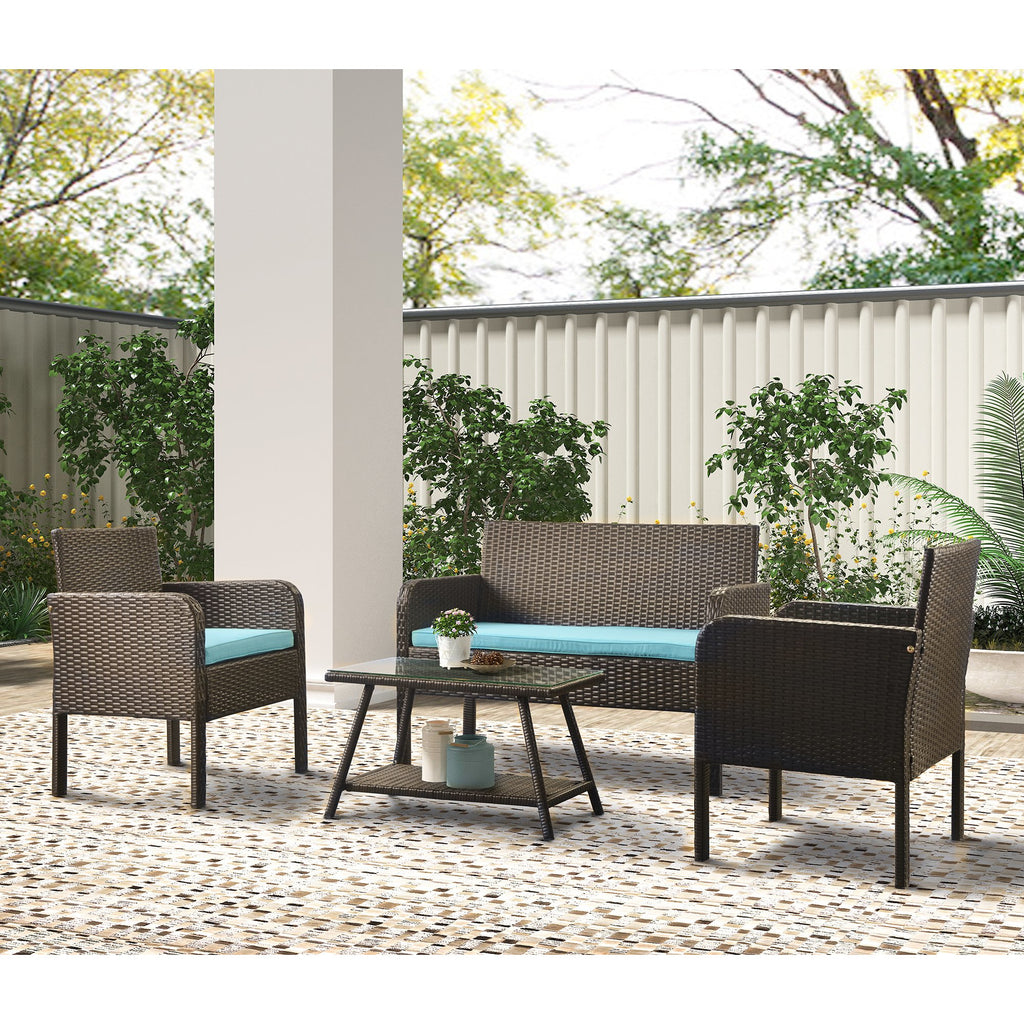 4 Counts - Rattan Sofa Seating Group with Cushions, Outdoor Rattan sofa - Blue