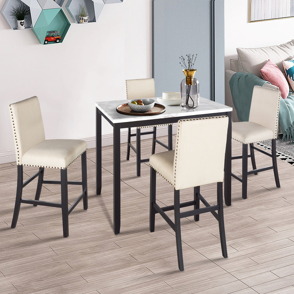 5 Counts - Counter Height Faux Marble Modern Dining Set with Matching Chairs and Marble Veneer Beige