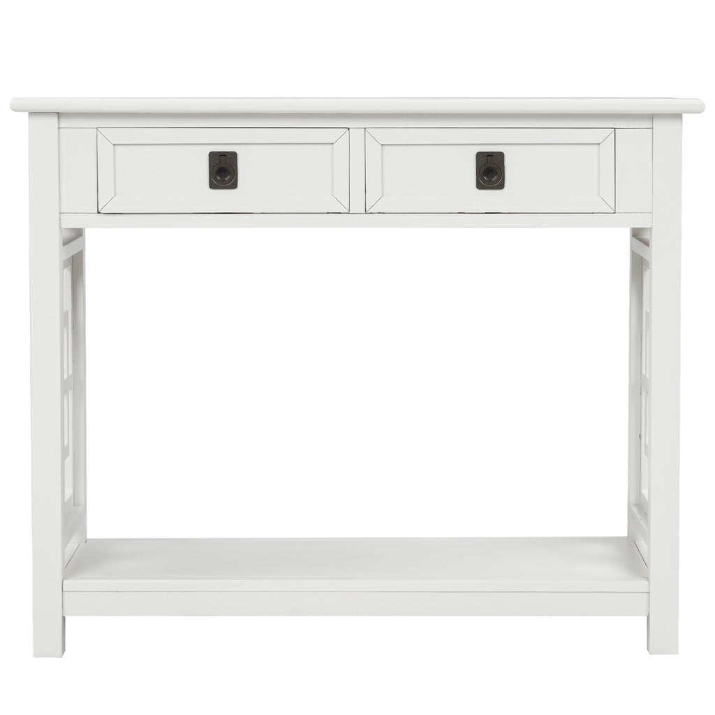 White Smoke Console Table with 2 Drawers and Bottom Shelf