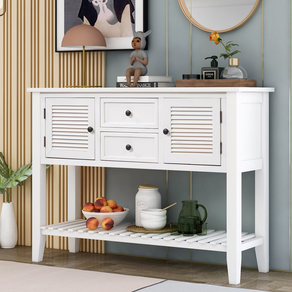 Lavender Console Table Sideboard with Shutter Doors Two Storage Drawers and Bottom Shelf