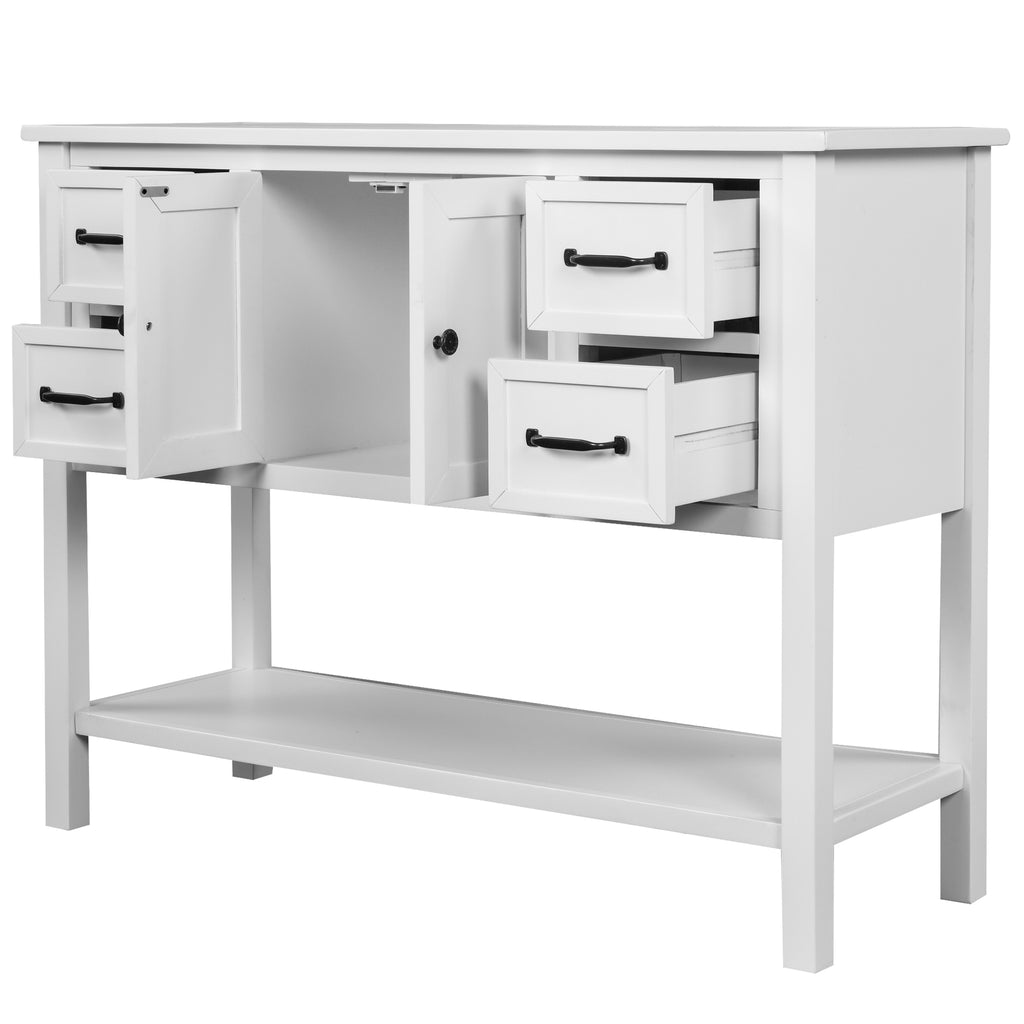 43" Modern Console Table Sofa Table for Living Room with 4 Drawers, 1 Cabinet and 1 Shelf White