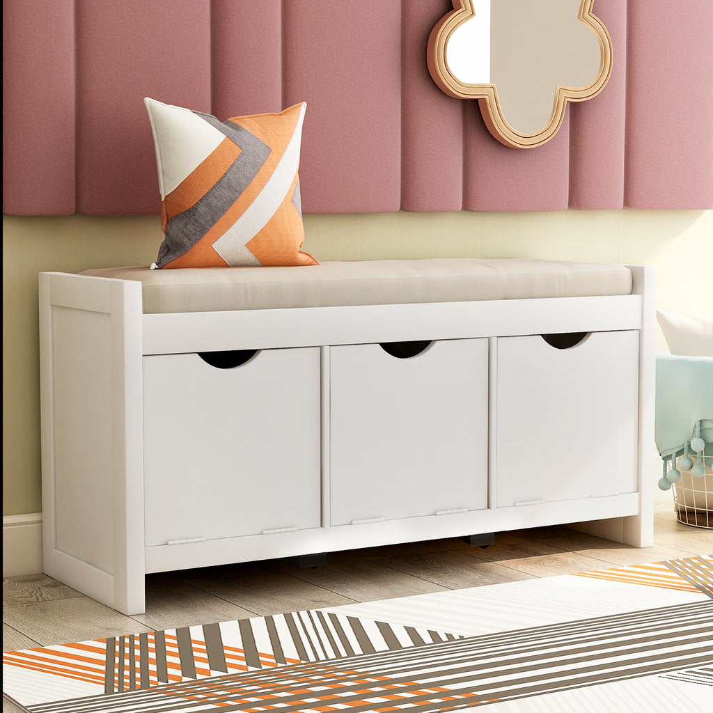 Light Gray Storage Bench with Removable Cushion and 3 Flip Lock Storage Cubbies for Living Room  Entryway