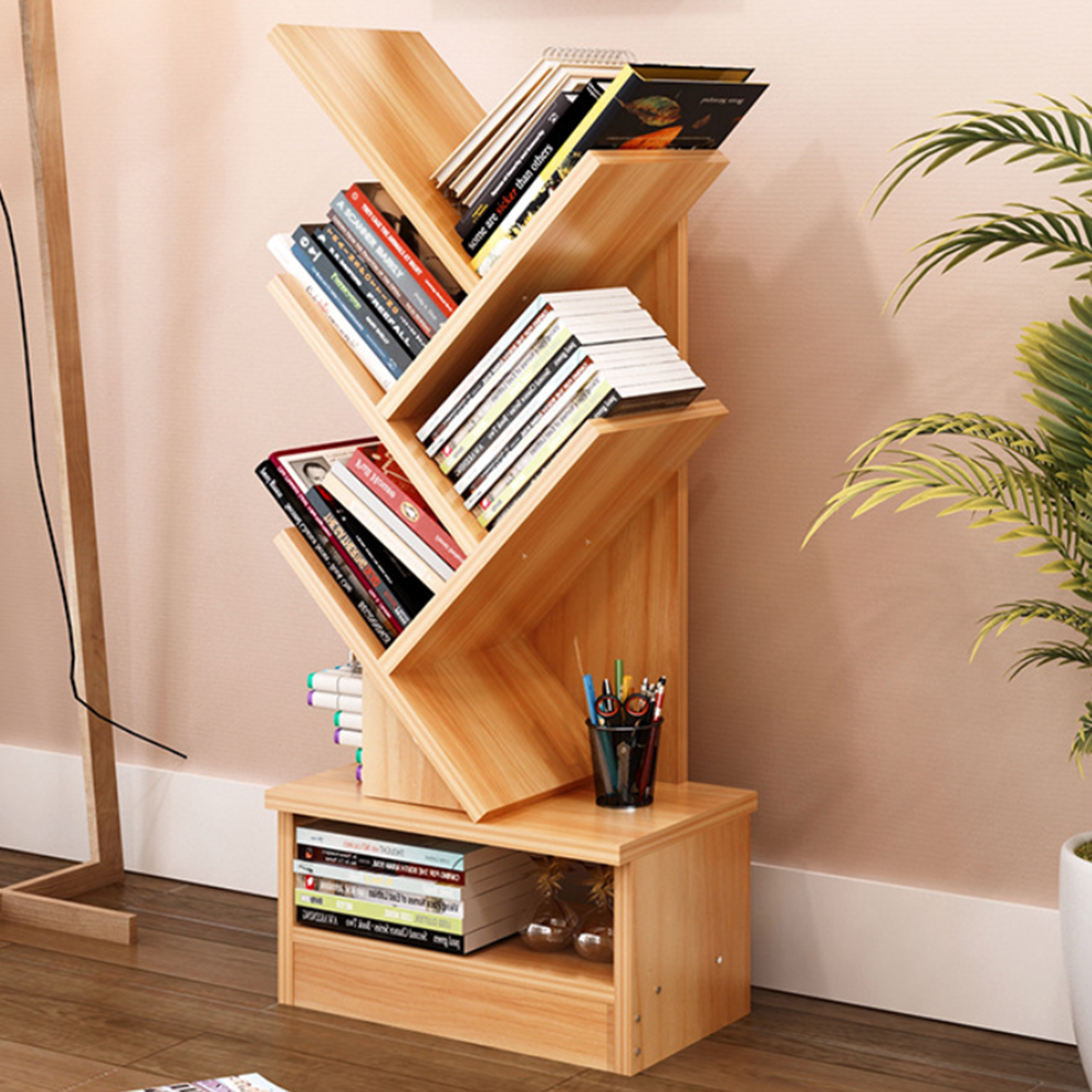 Gray Tree Bookshelf Compact Book Display Storage Rack Bookcase