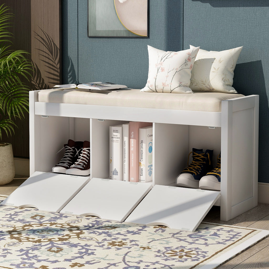 Light Gray Storage Bench with Removable Cushion and 3 Flip Lock Storage Cubbies for Living Room  Entryway