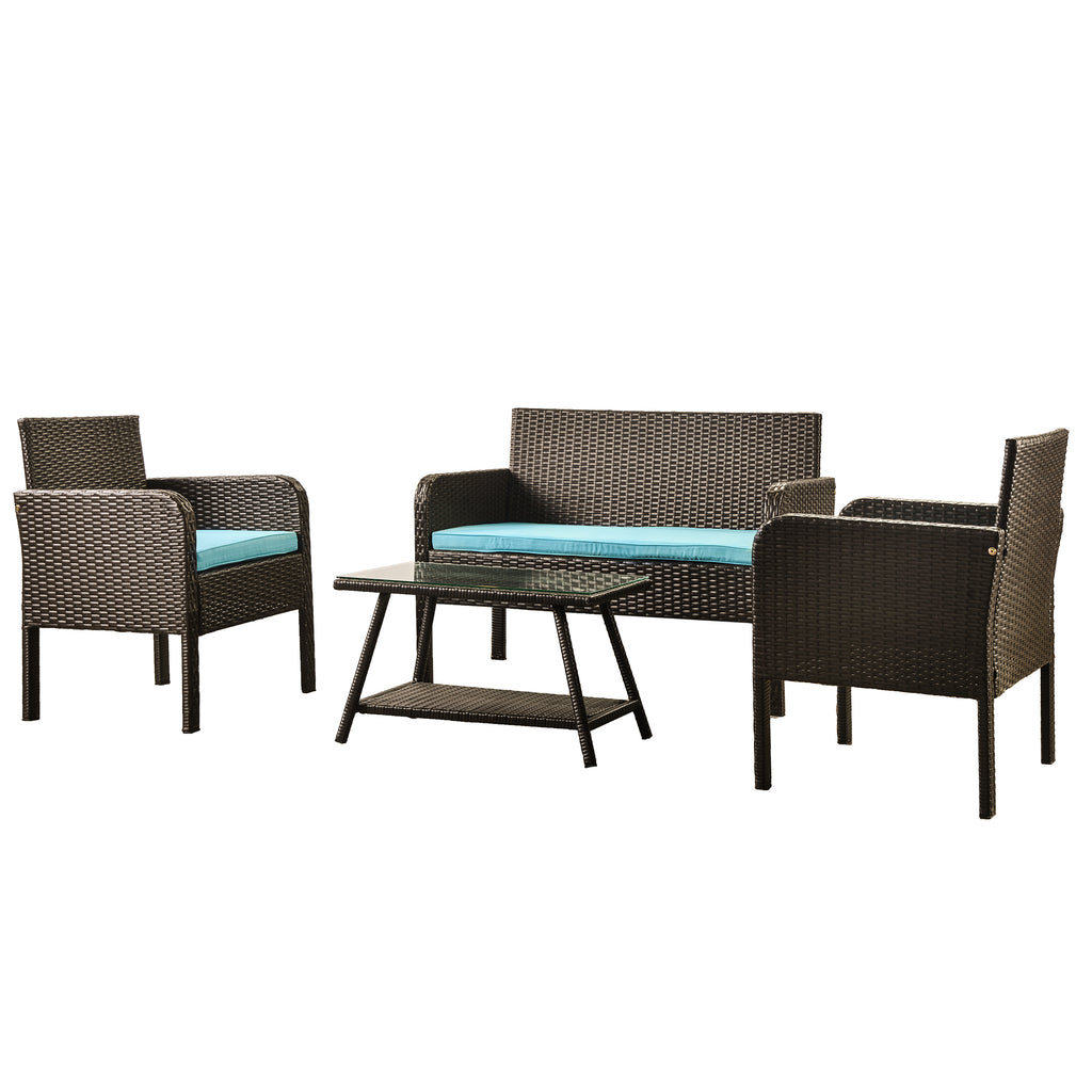 4 Counts - Rattan Sofa Seating Group with Cushions, Outdoor Rattan sofa Blue