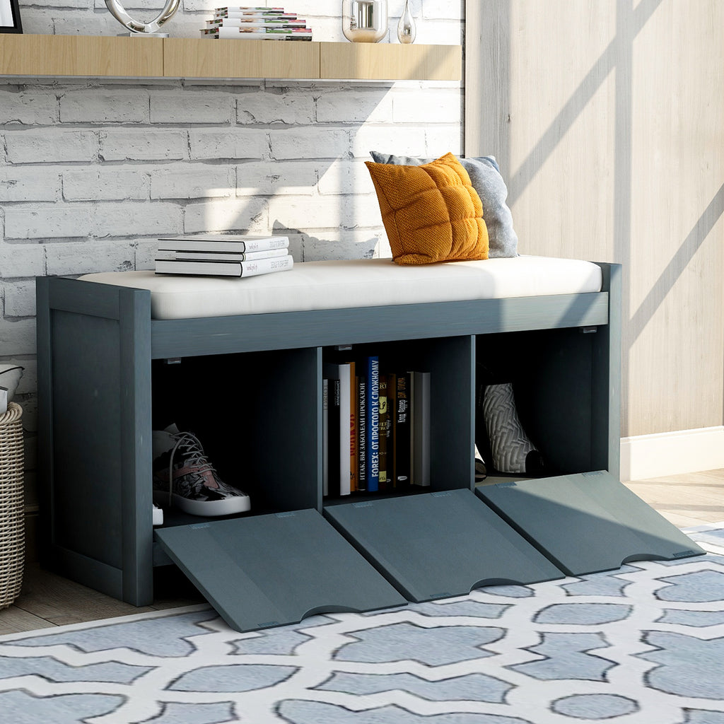 Black Storage Bench with Removable Cushion and 3 Flip Lock Storage Cubbies for Living Room  Entryway