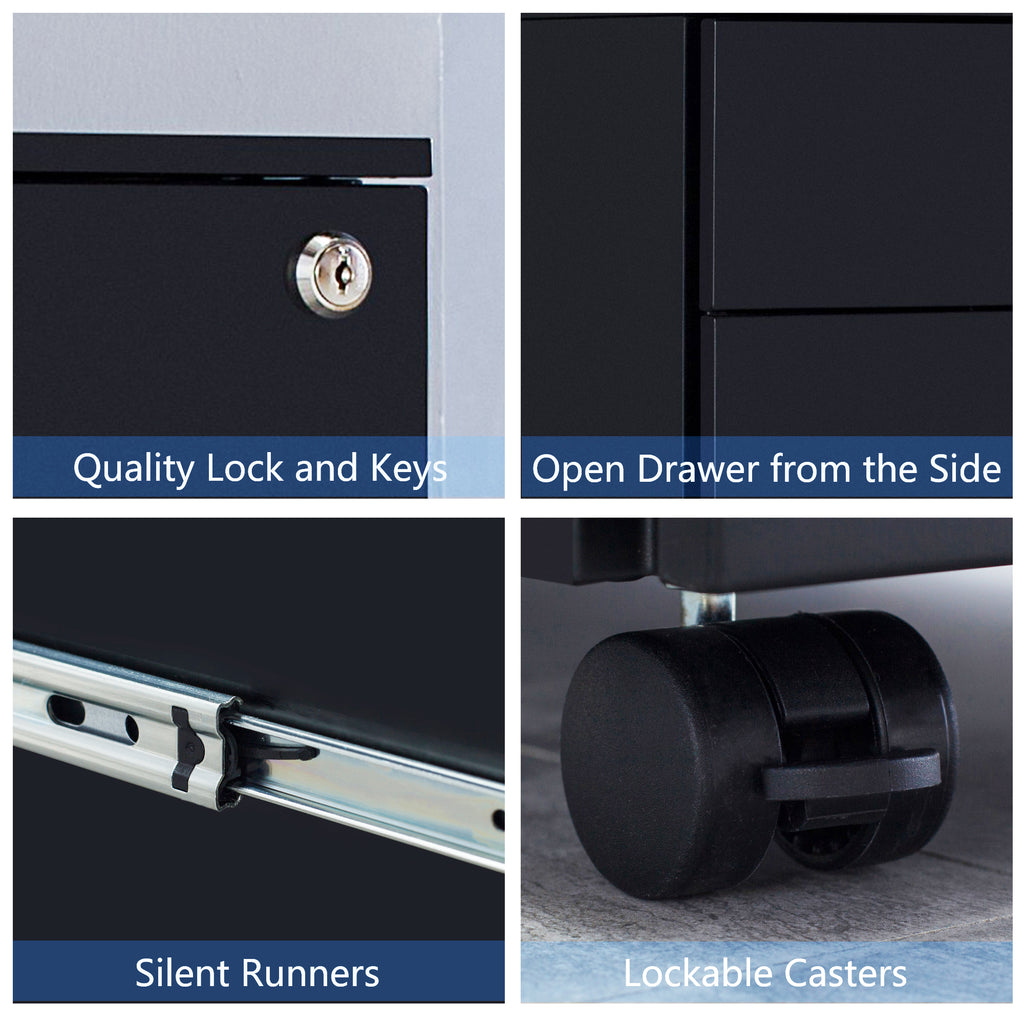 Black Movable 3 Drawers Metal File Cabinet Lockable Pedestal Files