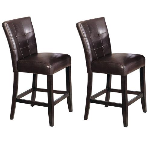 Black Button Tufted Back Counter Height Chairs w/Wooden Tapered Leg in Espresso PU & Walnut - Set Of 2