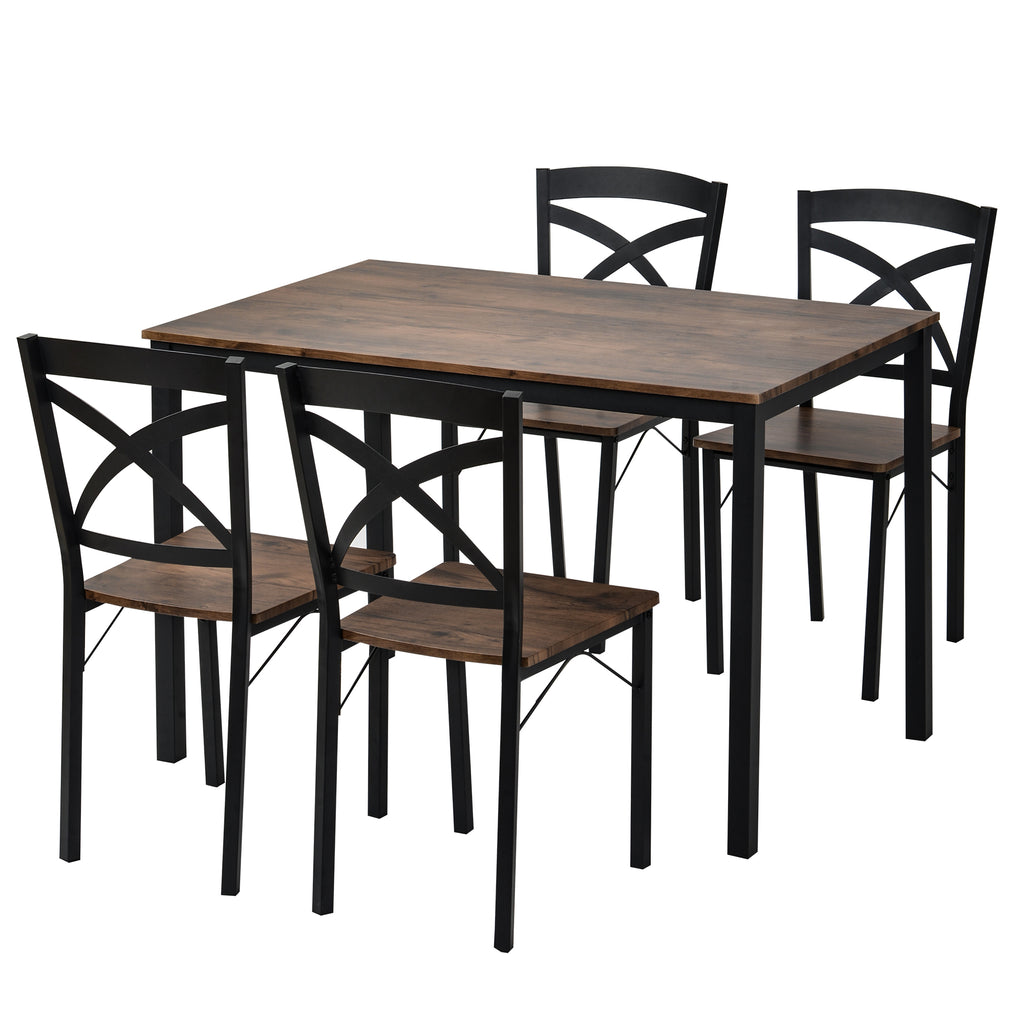 Black 5 Counts - Industrial Wooden Dining Set with Metal Frame and 4 Ergonomic Chairs