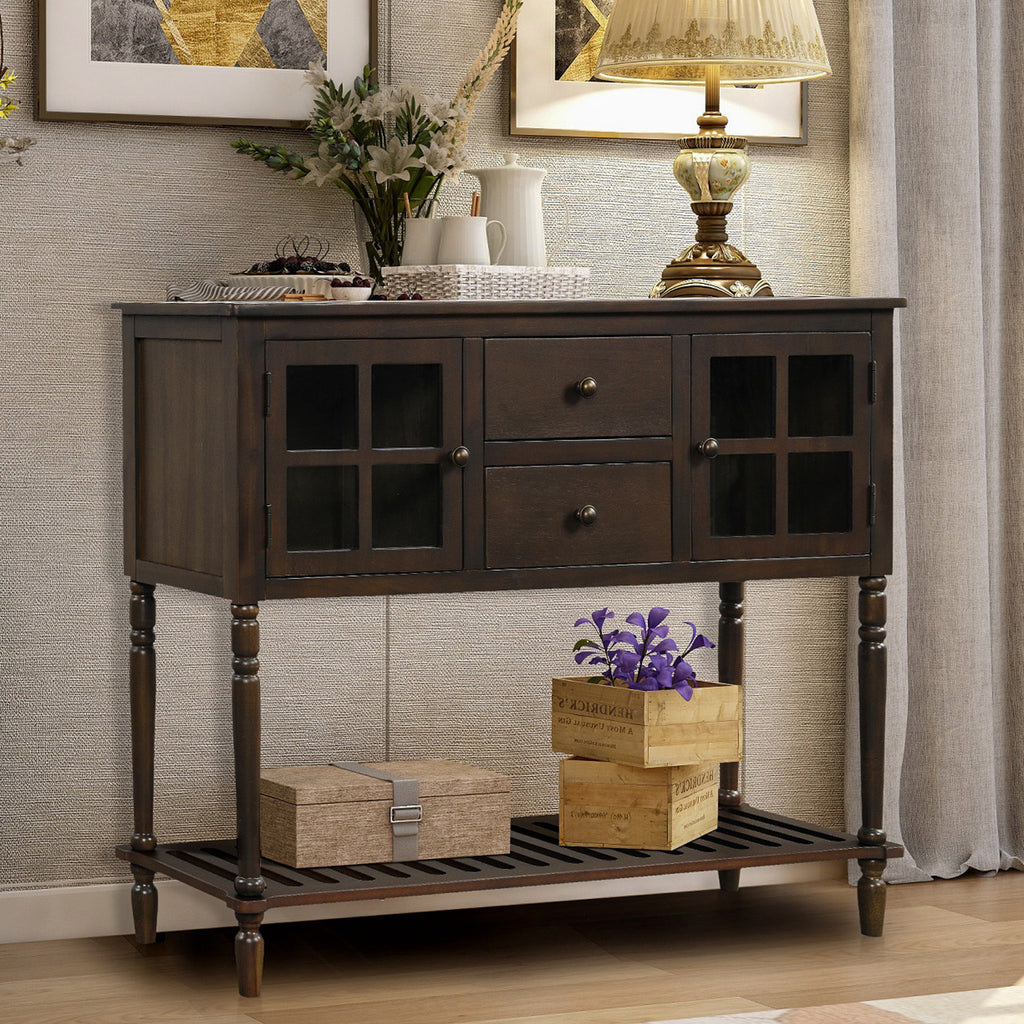 Dark Slate Gray Sideboard Console Table with Bottom Shelf with Glass Buffet Storage Cabinet