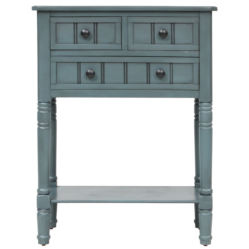 Slate Gray Narrow Console Table with Three Storage Drawers and Bottom Shelf