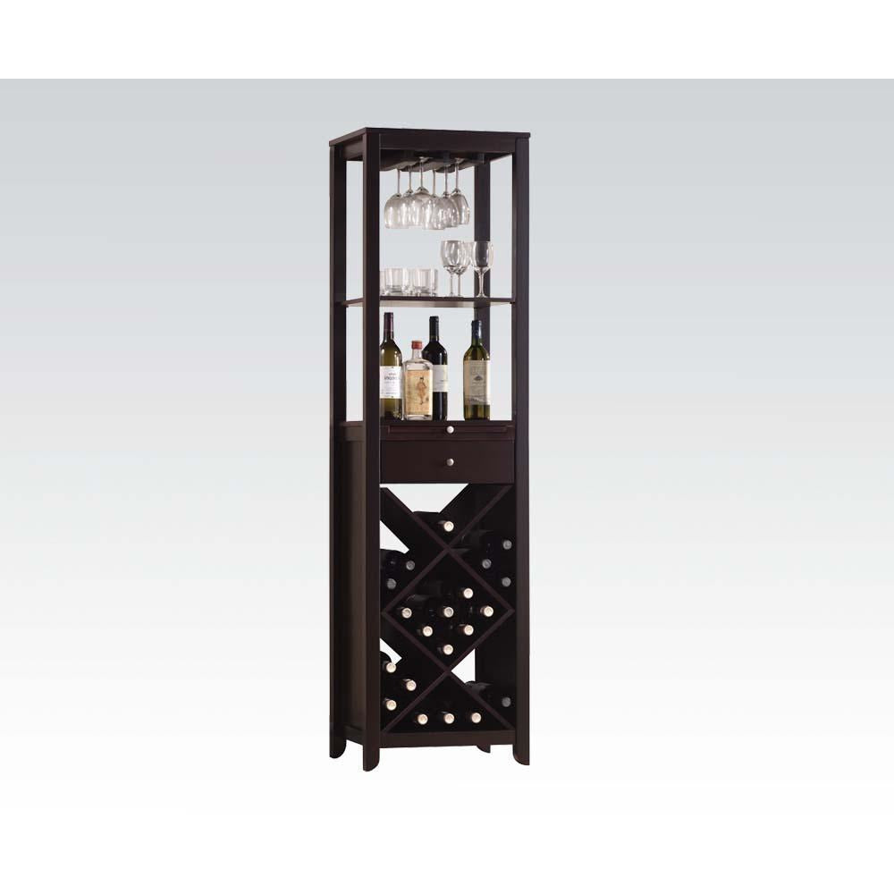 Black Rectangular Wooden Wine Cabinet w/2 Open Compartments, Drawer, Tray, Wine Bottle Rack & Steamware Rack in Wenge