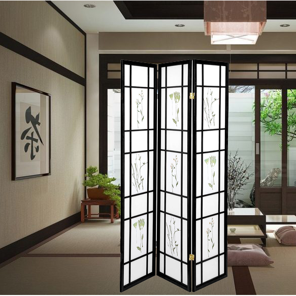 White Smoke Shoji Folding Room Divider Screen Room Separator Partition Wall Hardwood Small Flowered Black Japanese Style 3 Panels